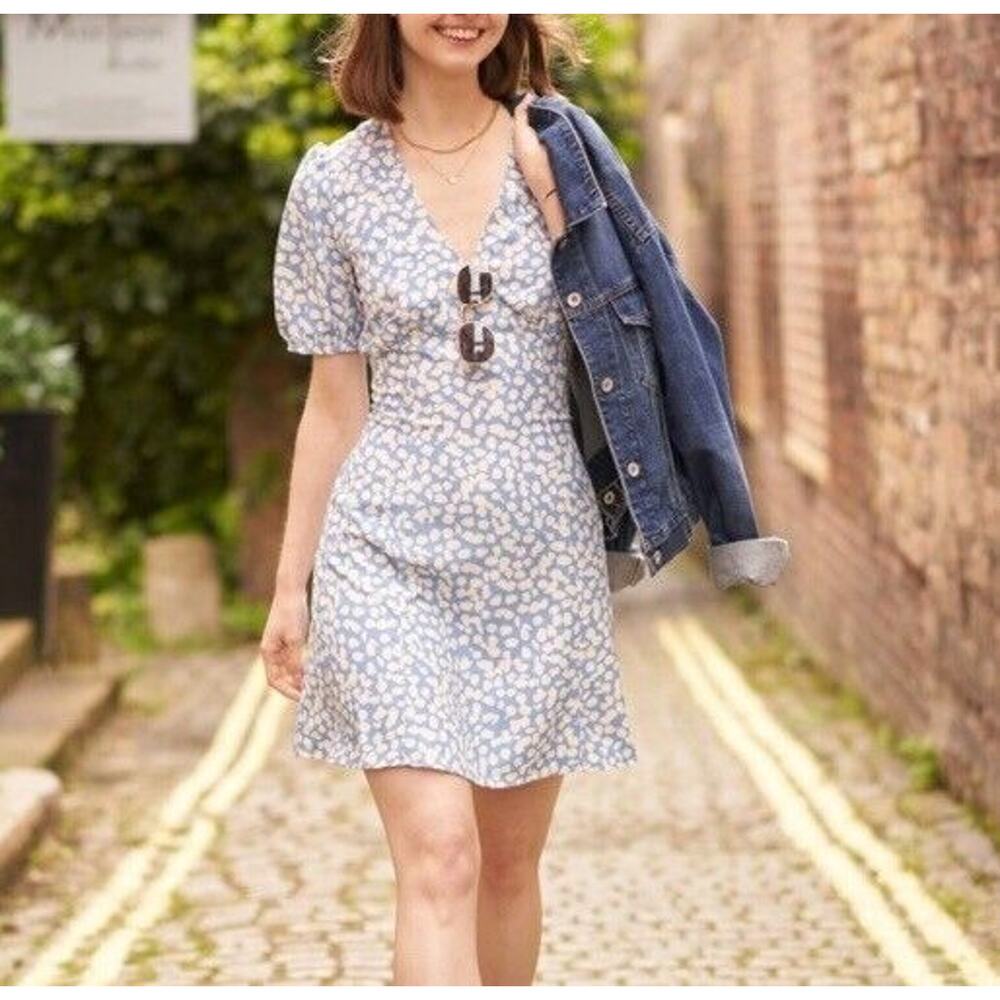Uniqlo Babydoll Light Blue Fit and Flare Dress Printed Short Sleeve Women's XS